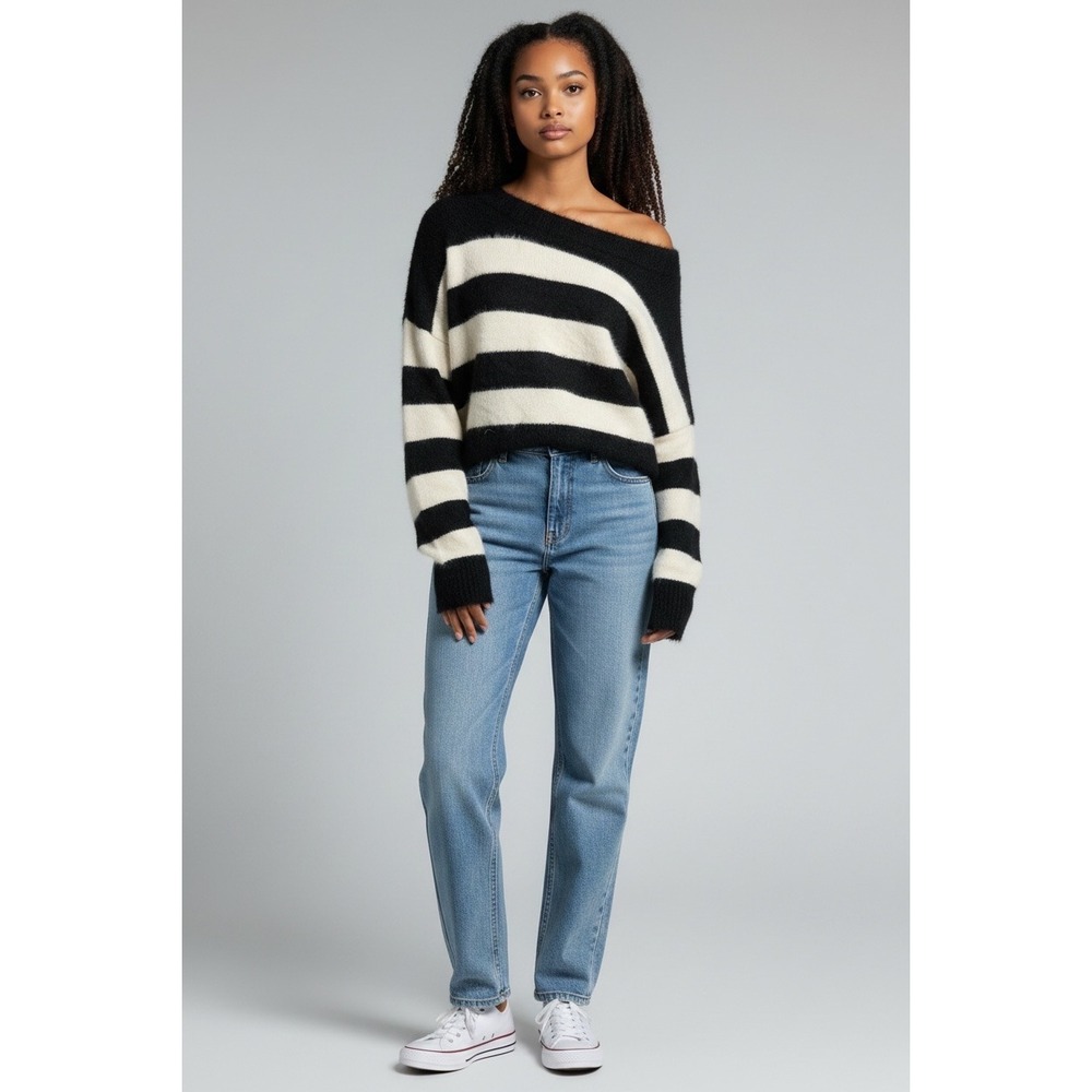 O&O Black White Striped Fuzzy One Shoulder Knit Sweater Size M